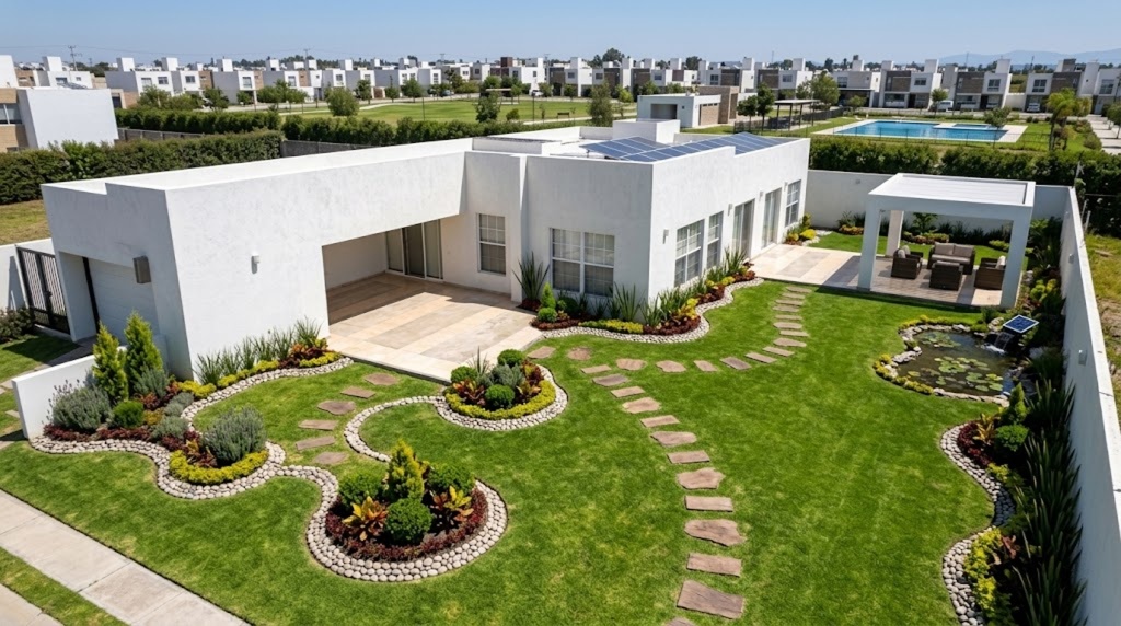 Jardín moderno con piscina y terraza en Málaga